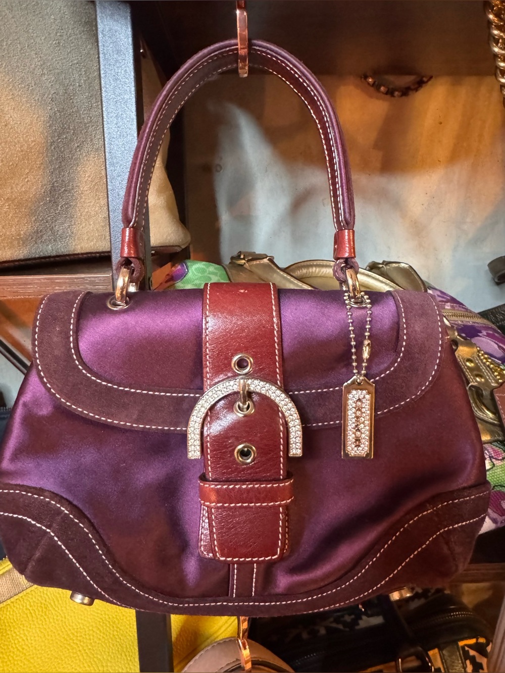 RARE COACH SOHO 2004 Swarovski Crystal Small Satin & Suede Plum satchel!